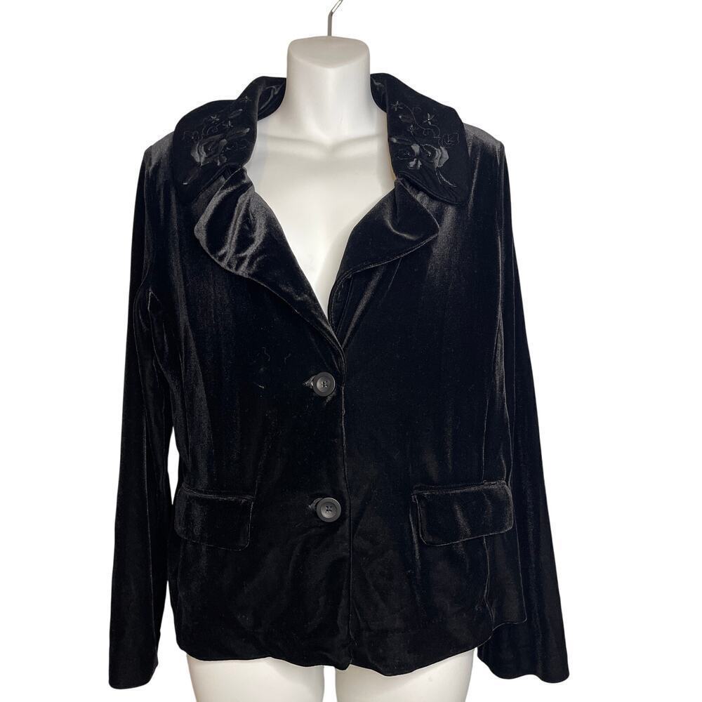 White Stag Black Velvet Embroidered Floral Collar Front Button Blazer Women's Sm